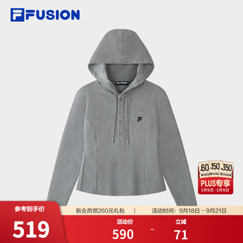 FILA FUSION斐乐潮牌针织长袖衫26秋季新款女子连帽上衣修身长T 花灰色-MG M 165/84A/M
