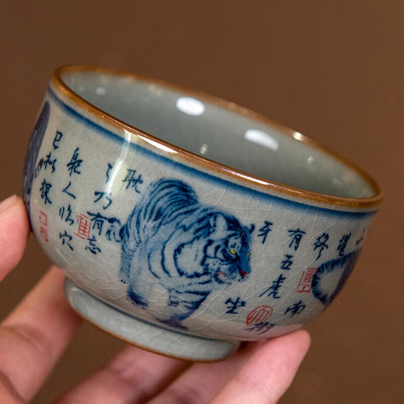 杯景德镇冰裂釉大号功夫茶杯个人专用品茗杯 老陶泥茶杯【五虎图款】