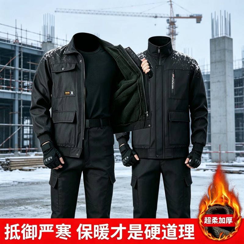 西牧威迷彩工作服男冬季加绒加厚耐磨电焊防烫工地汽修劳保服迷彩服套装 灰色加绒套装 均码 175建议130-145斤