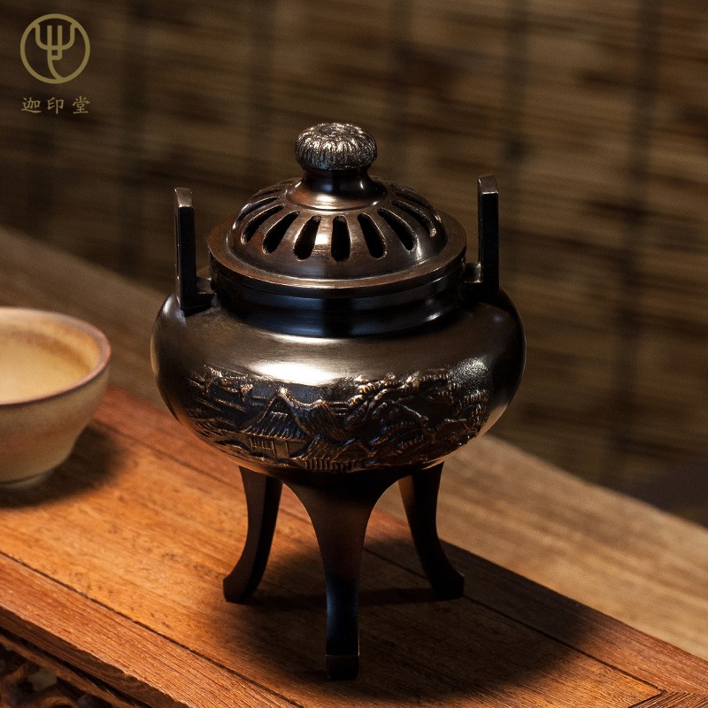 迦印堂 日本原装进口高岗铜炉 手工熏香炉 沉檀香炉 菊盖山水三足炉