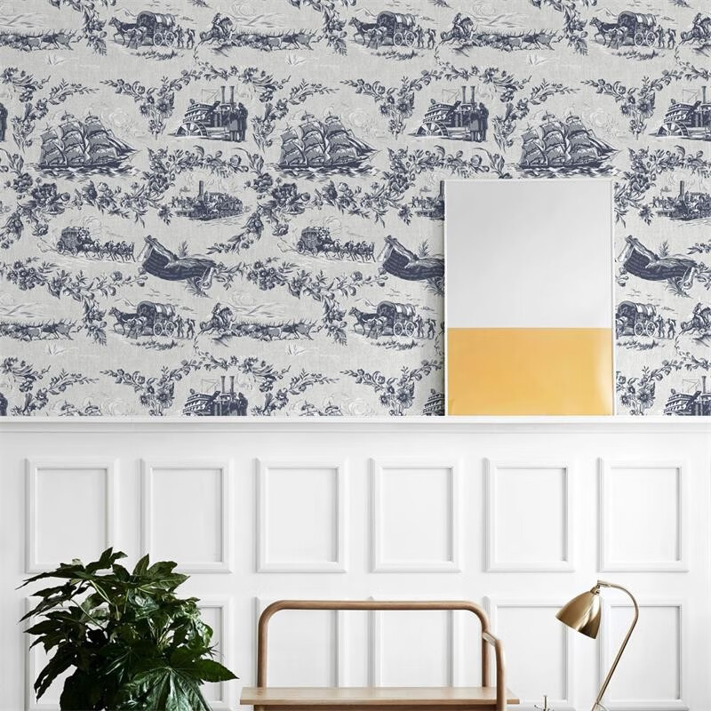 顾致定制无缝壁画 英伦风格 帆船航海 马车纹样墙纸 美式背景壁纸墙布