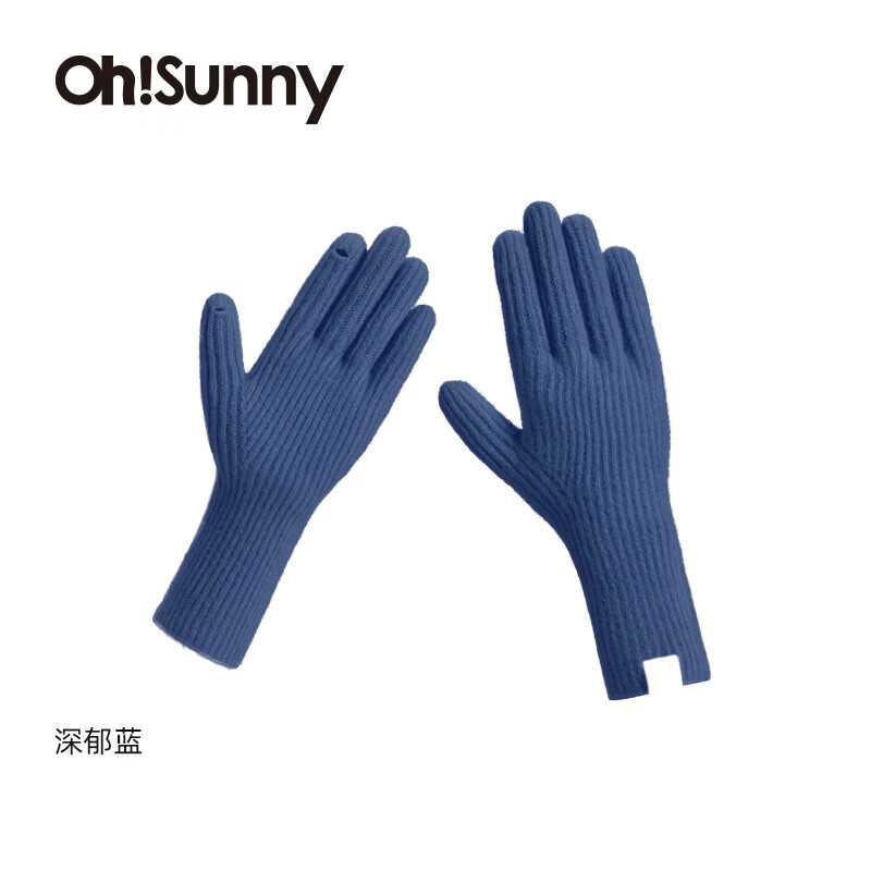 OhSunny保暖触屏手套女秋冬新款加绒加厚防风防寒骑行开车手套 五指深郁蓝 均码