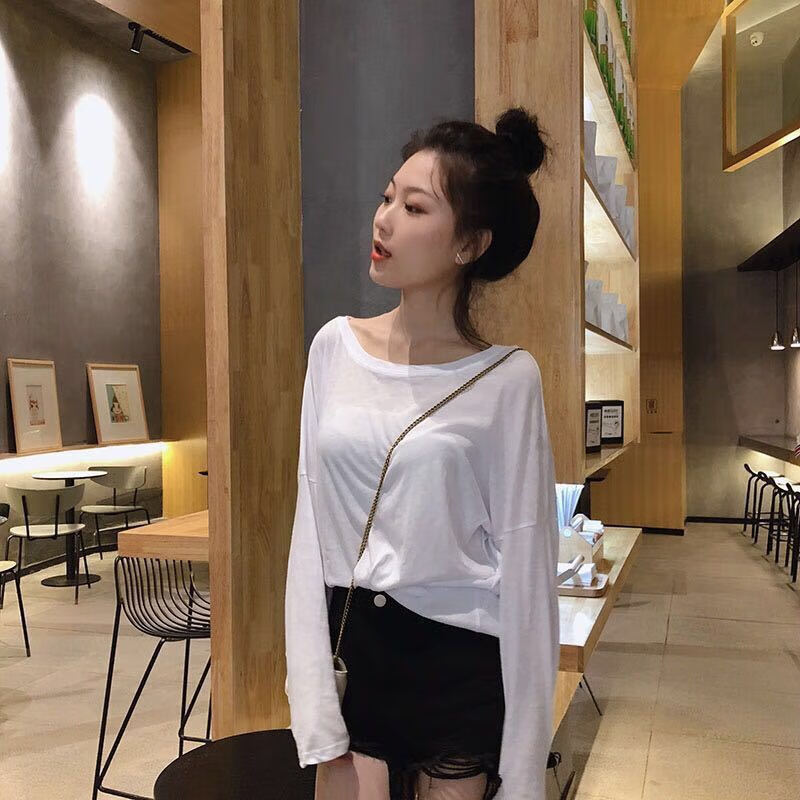 元乐申t恤女春夏宽松白色显瘦圆领韩版打底衫薄款内搭长袖t 白色 s 80