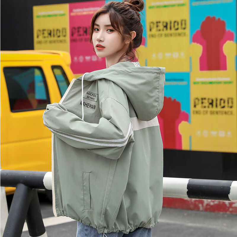 初中青少年长袖宽松运动风短款风衣显瘦 绿色 8963 xs 按照详情尺码表