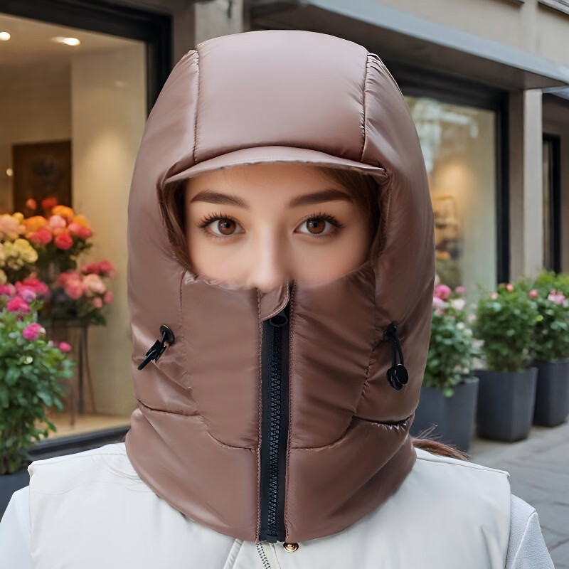 冬季保暖帽女骑车电动车护脸护耳围脖一体加厚雷锋帽户外防寒面罩 风雪拉链-粉色