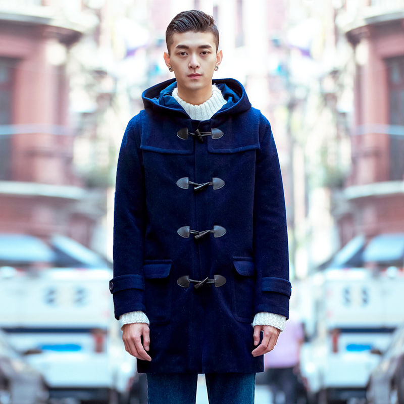 蓝骏启牛角扣大衣男学院风外套加厚保暖情侣呢大衣中长款胖子风衣