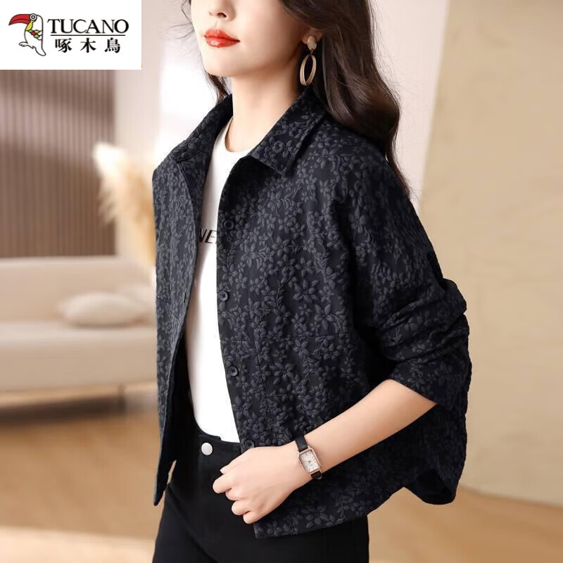 啄木鸟(TUCANO)短外套女2025春秋韩版新款中年妈妈小个子休闲棒球服夹克开衫上衣 黑色 XL 120-135斤