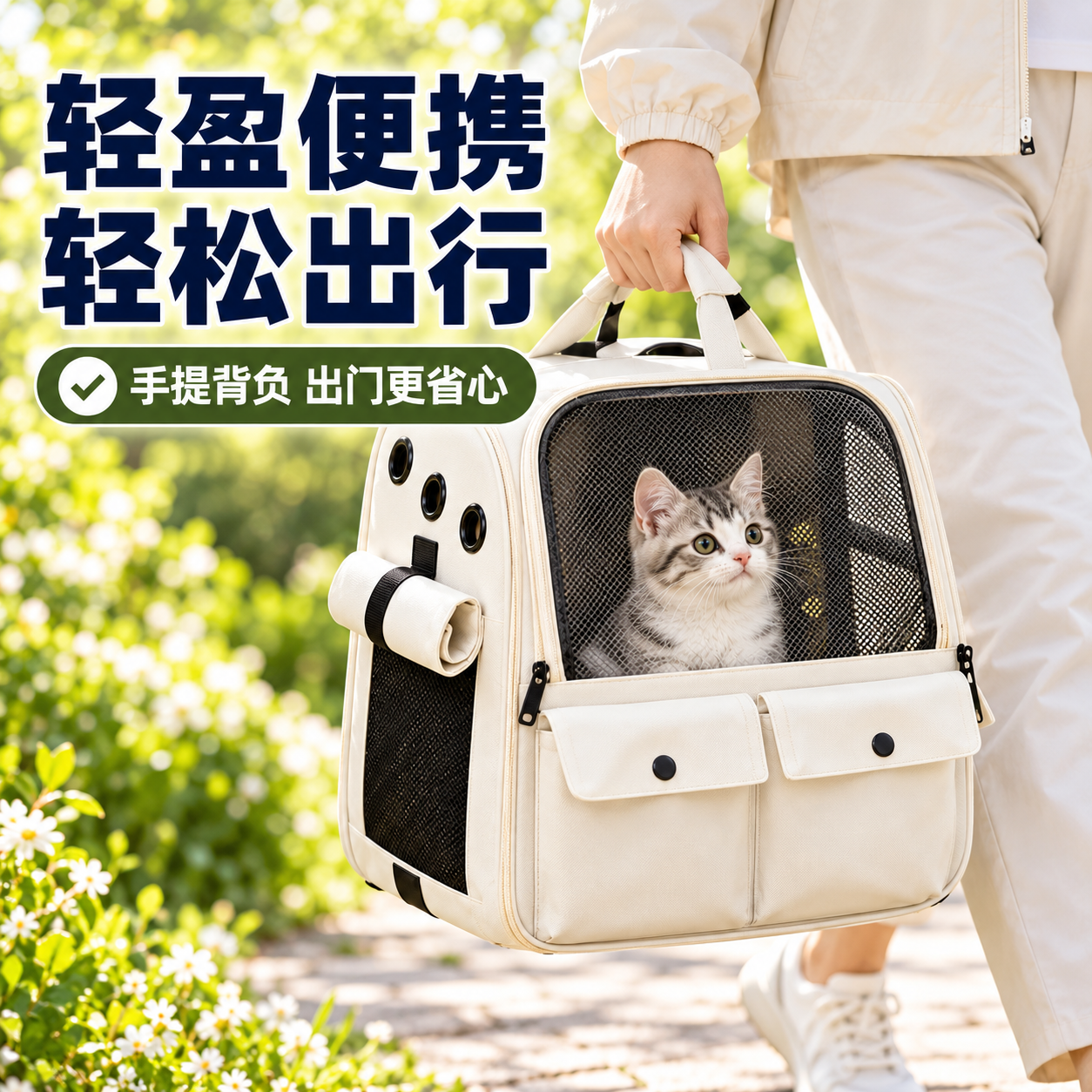 GERTHRON德国猫包外出便携包透气双肩书包四季通用立体大容量猫笼子外出包 米白色【升级侧开互动 防应激卷帘】双肩包 【全新升级第二代】适用18斤内猫咪 立体不塌