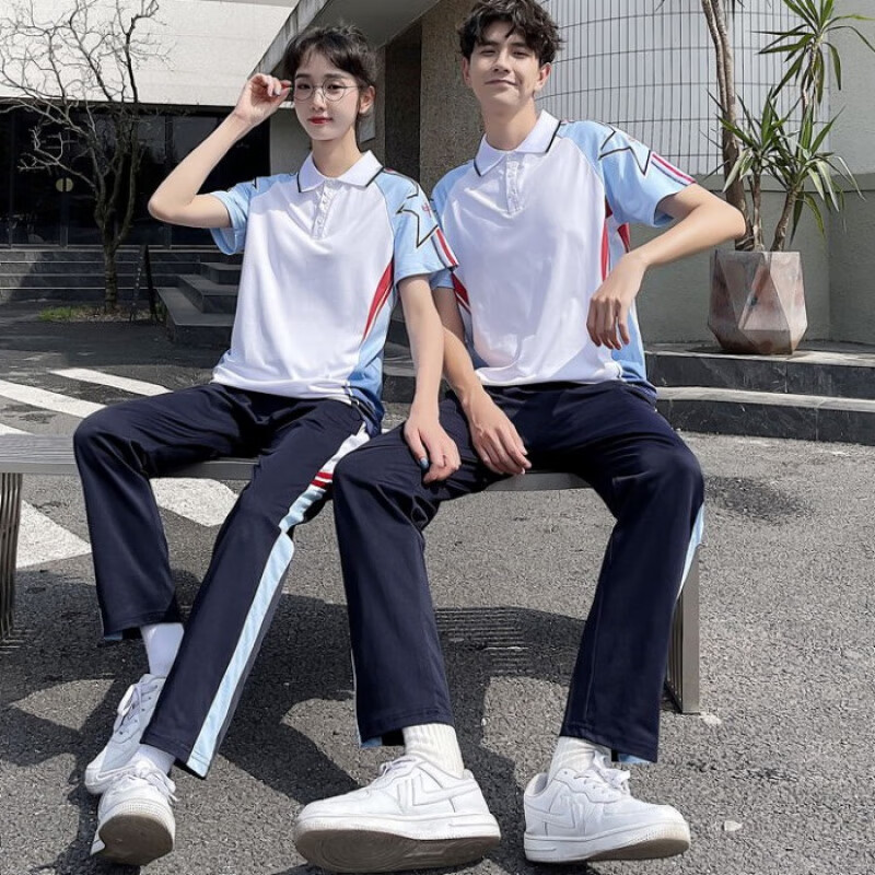 生班服校服套装男生学院风短袖t恤初中小学生校服套装运动毕 白色上衣