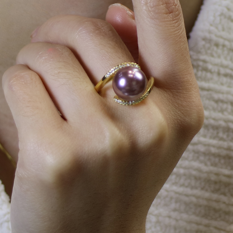 紫珍珠贝珠戒指11mm正圆极强光淡水珍珠指环女18K镀金 紫珍珠10mm爱的守护戒指18k包金