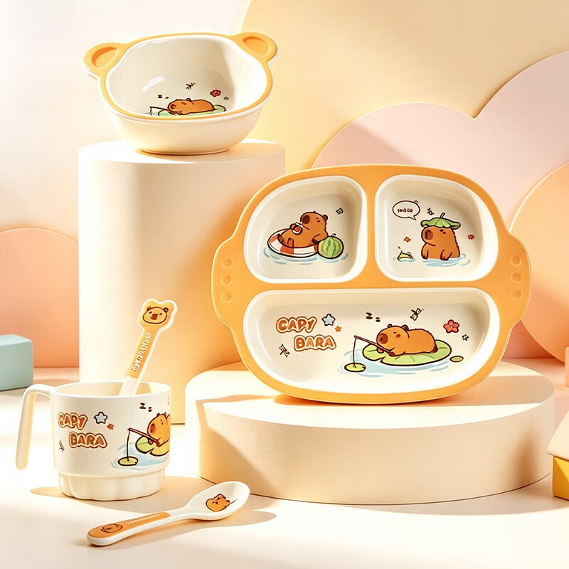显初卡皮巴拉儿童饭碗餐具可爱卡通宝宝吃饭专用碗幼儿园碗勺套装餐盘 【3件套】卡皮巴拉头型碗+勺子+杯子