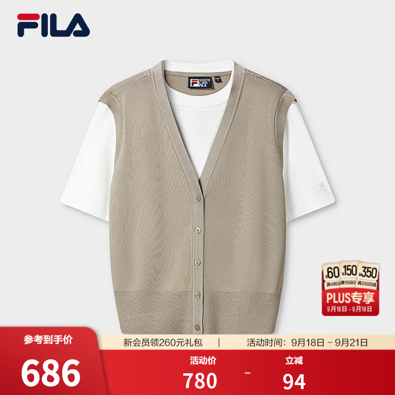 FILA斐乐短袖T恤26秋季新款女士编织衫时尚休闲宽松假两件上衣 云白-WT M 165/84A/M