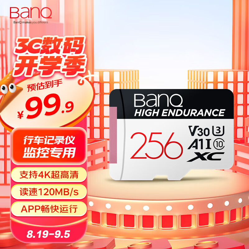 banq 256GB TF（MicroSD）存储卡 A1 U3 V30 4K 行车记录仪&安防监控专用内存卡 高度耐用