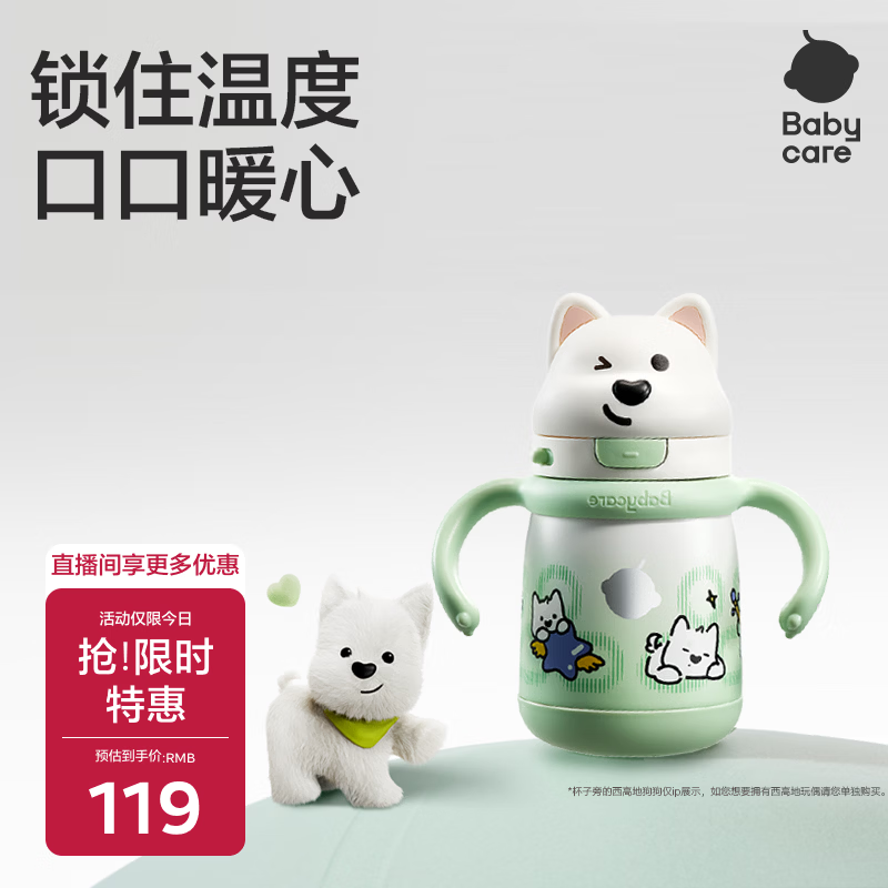 babycare西高地保温杯学饮儿童上学水壶吸管直饮杯6月+两用款300ml螺旋绿