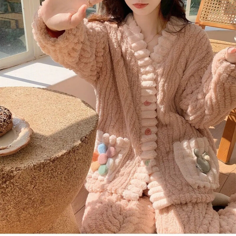有只绵彩虹开衫睡衣女法兰绒套装秋冬保暖仙女风睡袍可外穿甜美居家服 粉色【套装】 均码 (80-140斤)