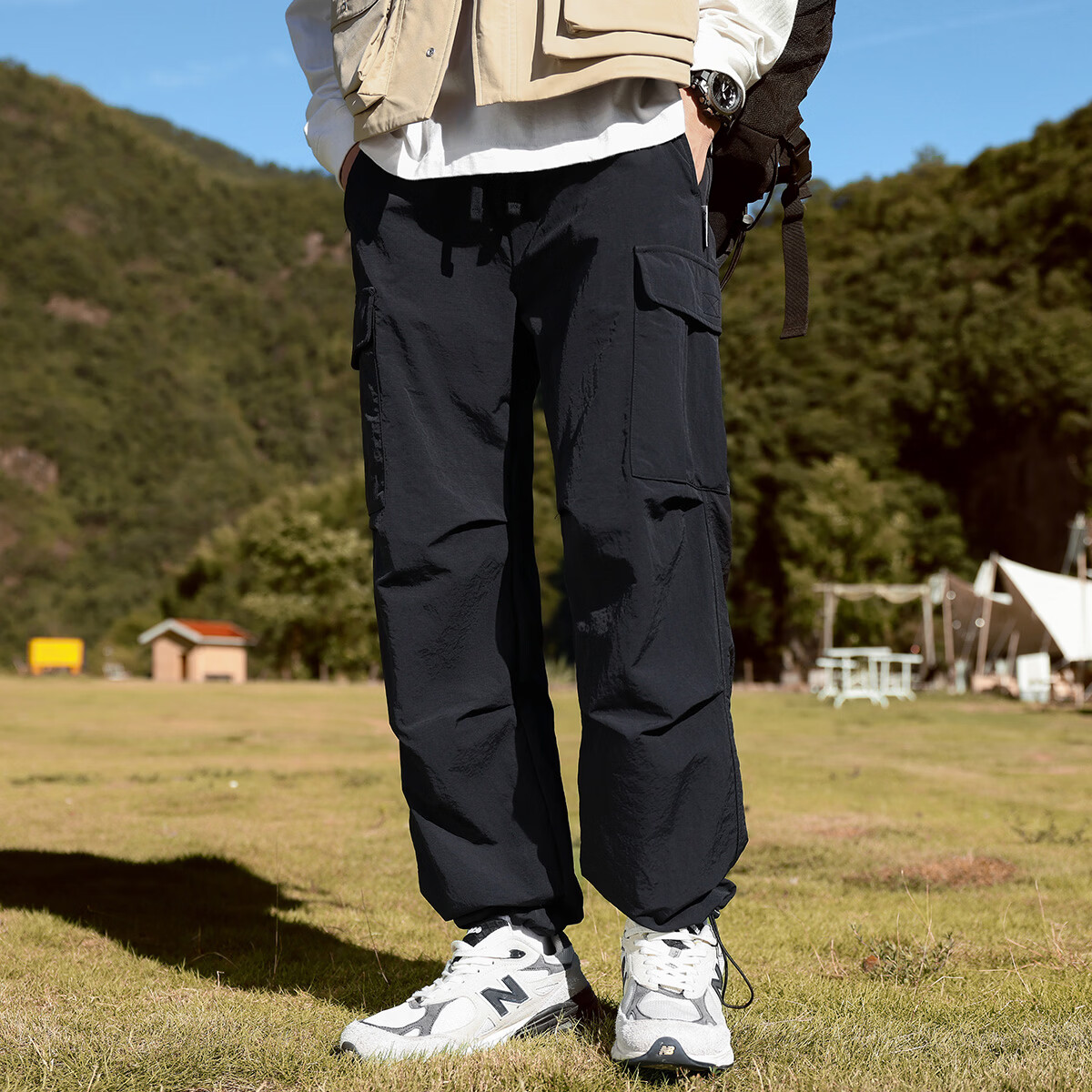 布衣传说户外徒步大口袋伞兵裤宽松工装运动男式休闲裤 黑色 34