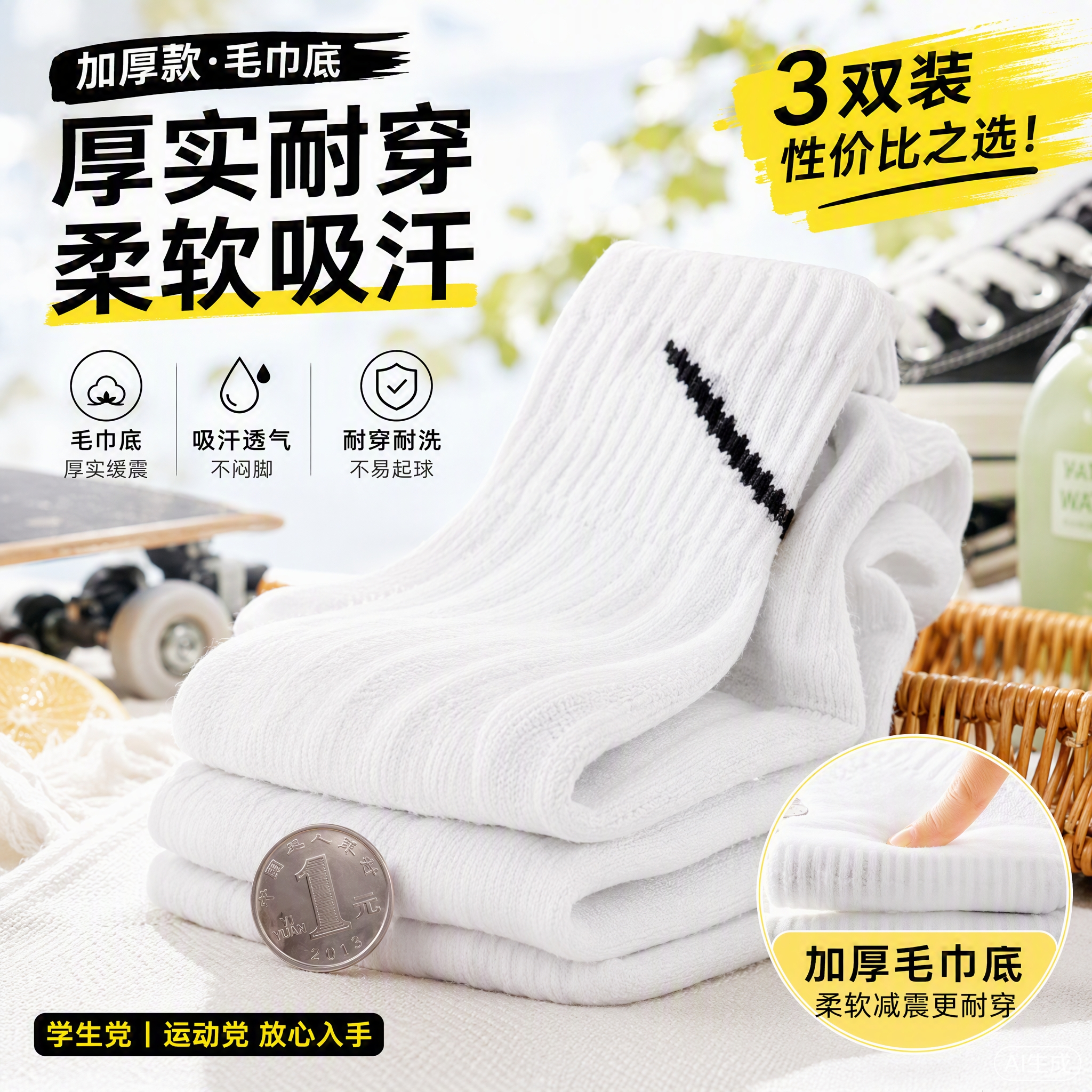 袜子男款中筒秋冬长筒加厚毛巾底防臭抗菌抗起球运动篮球棉袜 2黑+1白 长筒【毛巾底】 3双 L 【43-46】加厚毛圈抗起球