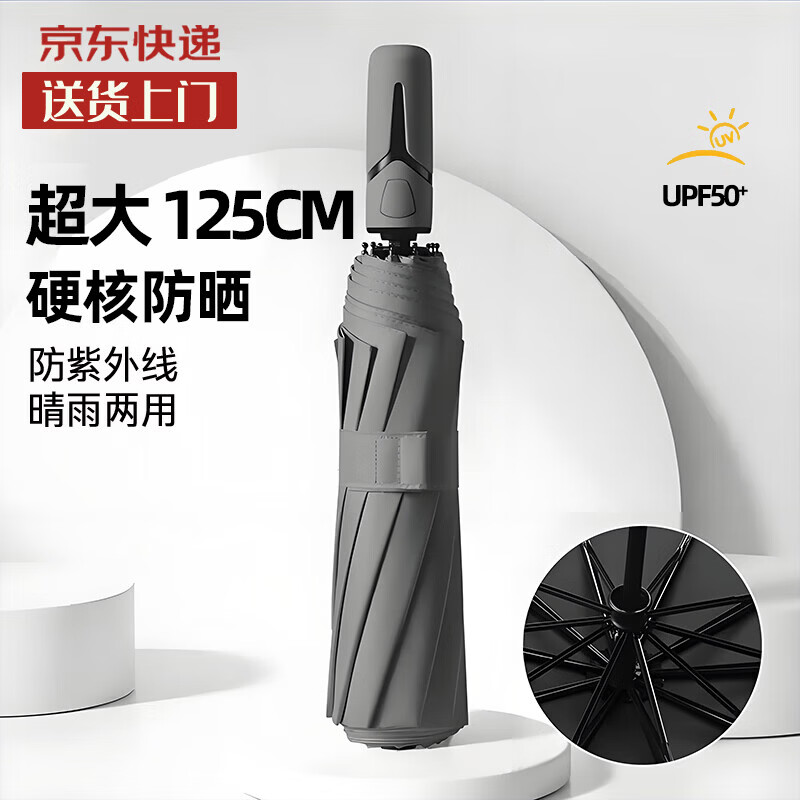 【工厂直发】新款雨伞超大125cm折叠自动伞加厚黑胶晴雨两用伞遮 创意手柄超大号晴雨伞-深灰
