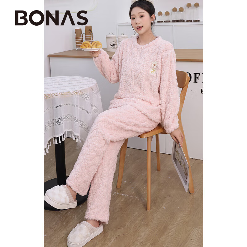 宝娜斯（BONAS）珊瑚绒睡衣女冬季长袖加厚保暖家居服套装公主风长裤睡衣睡裤 粉色 均码 适合【80-150斤】 加厚600g