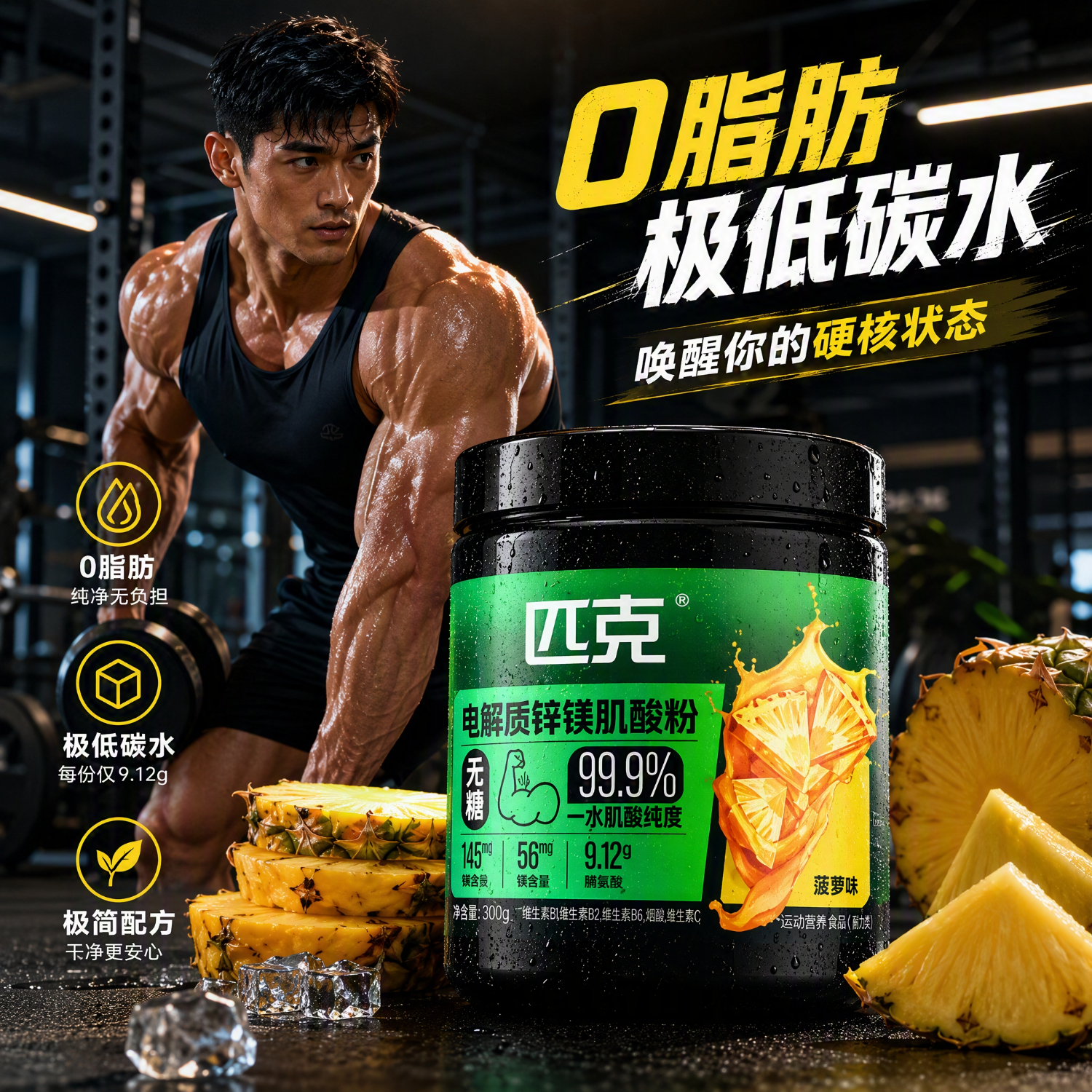 匹克（PEAK）一水肌酸99.9%高纯度锌镁肌酸粉 健身运动补剂300g蛋白粉搭档 [99.9%高纯肌酸】菠萝味 300g*1罐