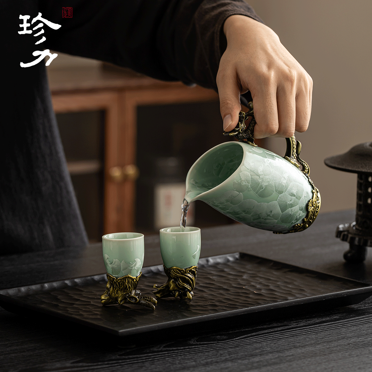 珍力故宫文创十二生肖白酒杯分酒器套装家用中式酒具小酒杯父亲节礼物 结晶釉黄色(14头十二生肖酒具套装)黄色礼盒