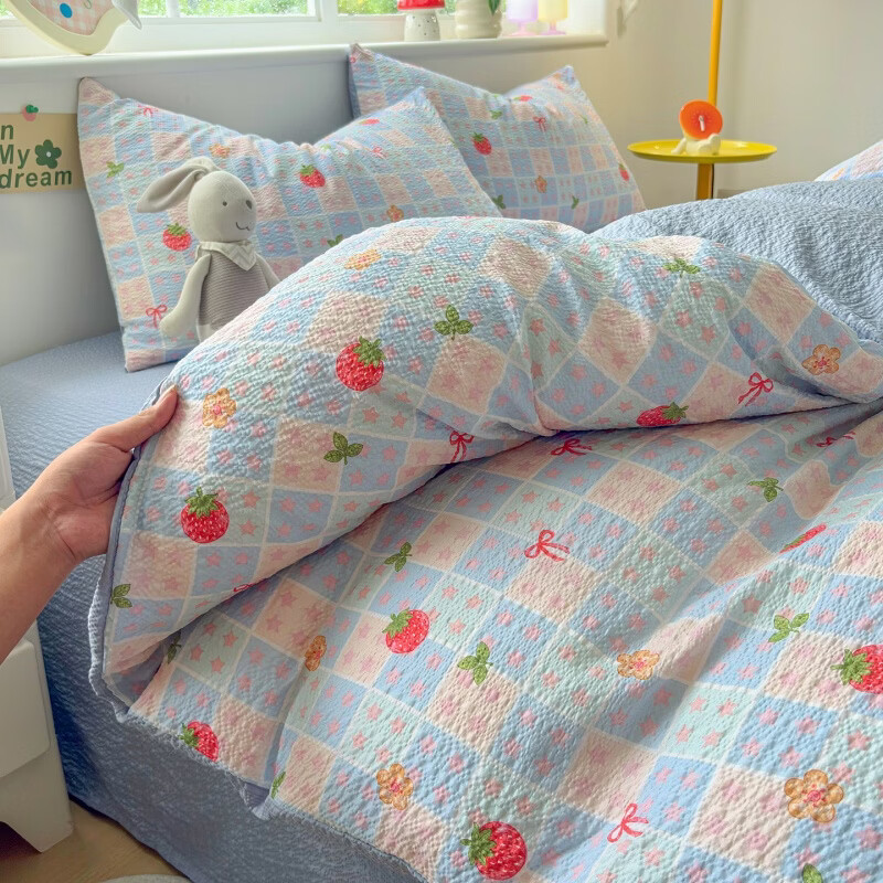 雅鹿云感双层纱 泡芙奶油风被套床单床笠宿舍三件套卧室床上四件套 粉格草莓 2.0m四件套 床单款 (被套200*230cm)