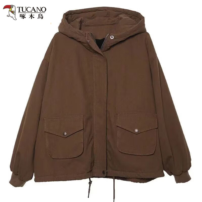 啄木鸟(TUCANO)2026冬装新款加绒加厚宽松色大码显瘦休闲百搭棉派克服外套女 咖啡色【加绒】 加厚 L 建议【115-130斤】