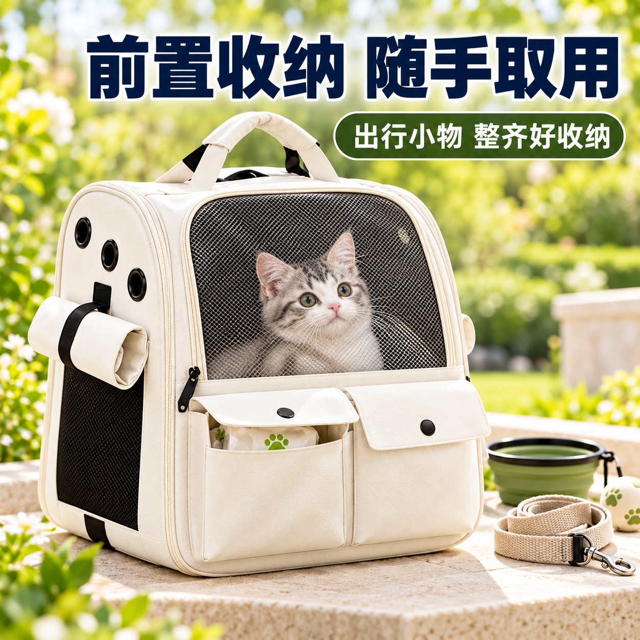 GERTHRON德国猫包外出便携包透气双肩书包四季通用立体大容量猫笼子外出包 米白色【升级侧开互动 防应激卷帘】双肩包 【全新升级第二代】适用18斤内猫咪 立体不塌