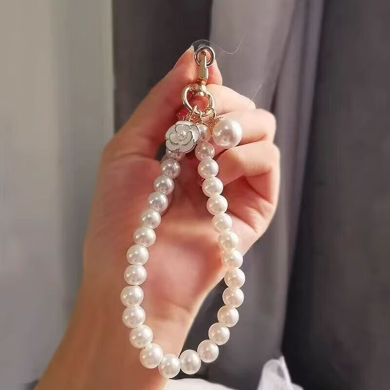 【工厂直销】手机挂绳短款小香风水钻蝴蝶结吊坠时尚珍珠手腕挂链钥匙扣通用女 黑色山茶花+夹片