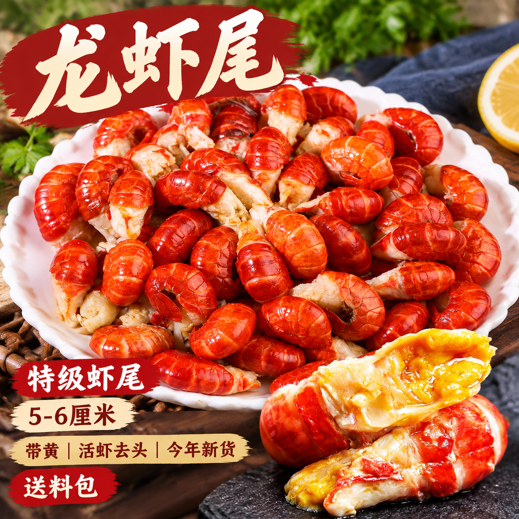 特级大号2026头茬龙虾尾带黄鲜活去头5-6cm特级薄冰衣龙虾尾 400g/包 到手5包【5-6厘米特级虾尾】送料包