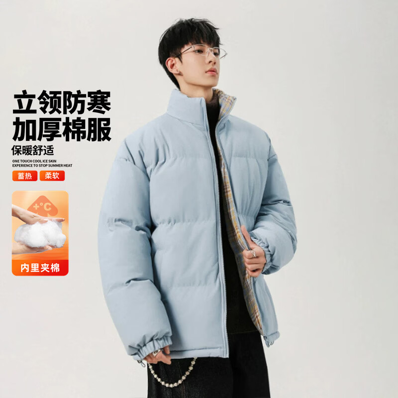 花花公子（PLAYBOY）格子拼接夹克棉服男秋冬季美式潮牌立领面包服青少年棉衣外套 黑色 XL