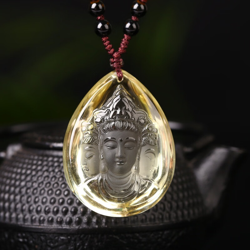 卫城黄水晶三面观音吊坠三昧观音菩萨 男女水晶项链挂件