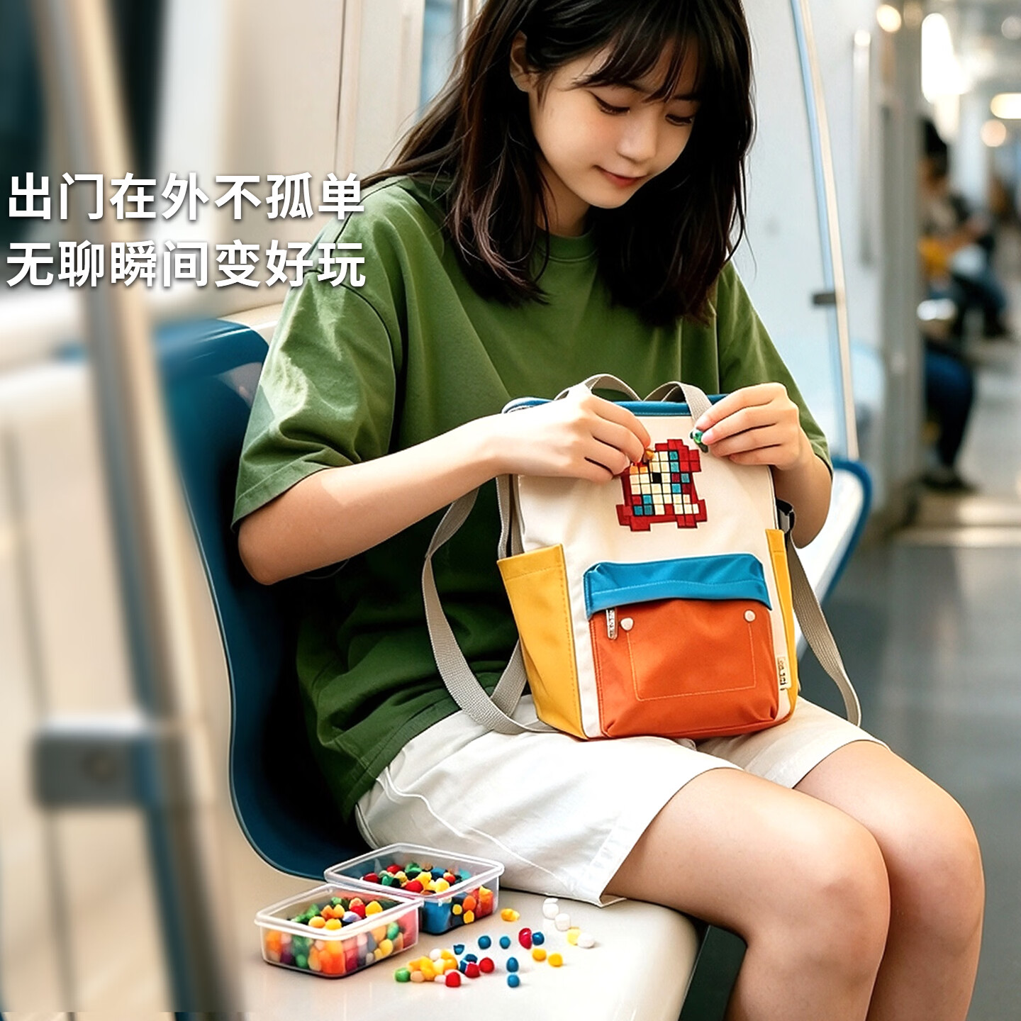 UPIXEL像素风斜挎女包亲子外出轻便小包遛娃DIY拼图儿童包闺蜜防水包 大号- 卡其红【独角兽图案】