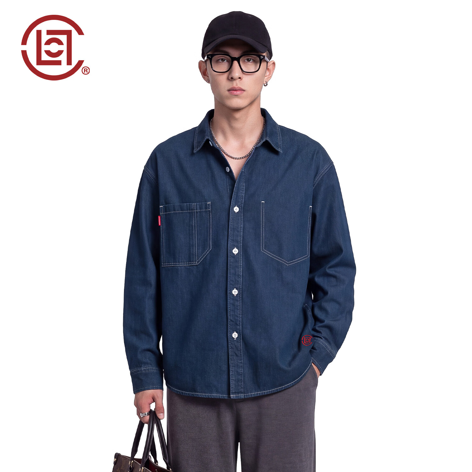 CLOTTEE by CLOT陈冠希潮牌复古工装衬衫男秋季新款休闲百搭长袖上衣 蓝色 2XL