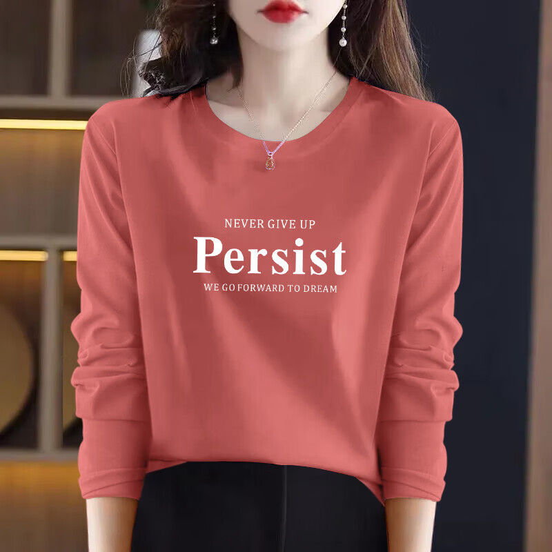 【100%纯棉T】早秋外穿上衣女时尚洋气百搭圆领长袖T恤女打底衫潮 砖红色【per】 4XL 【建议145-160斤】