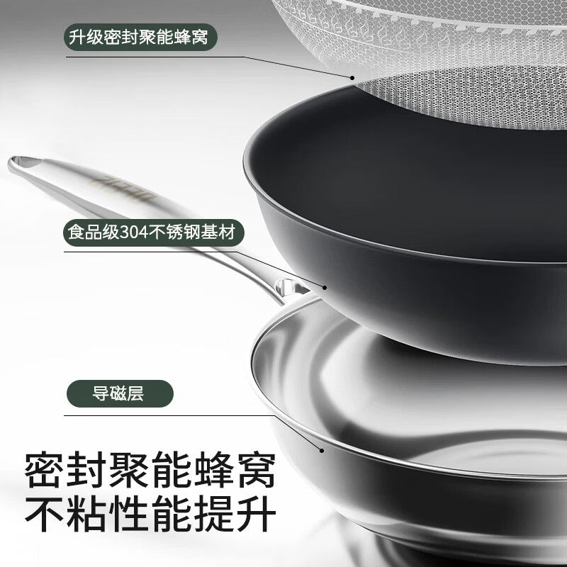 欧菲斯304 不锈钢蜂窝炒锅尾货清仓无涂层不粘家用炒菜锅 【清仓】304全钢炒锅-蜂窝不粘 32cm