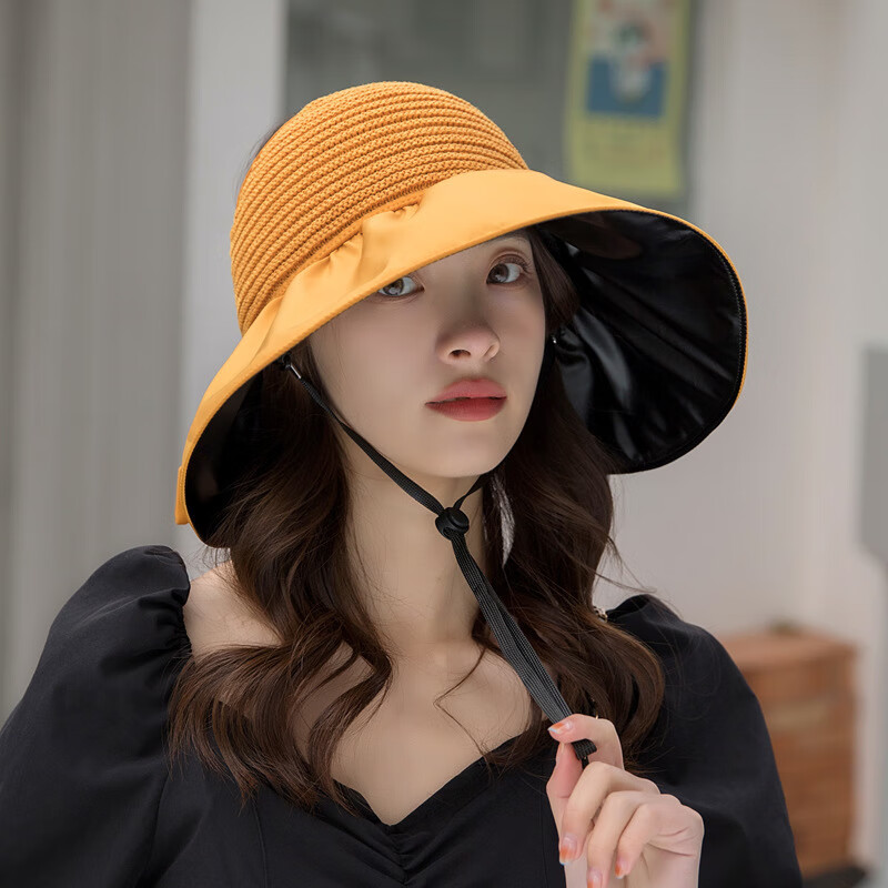 新款渔夫帽女蝴蝶结百搭防晒太阳帽休闲防紫z外线盆帽空顶遮阳帽 黄色