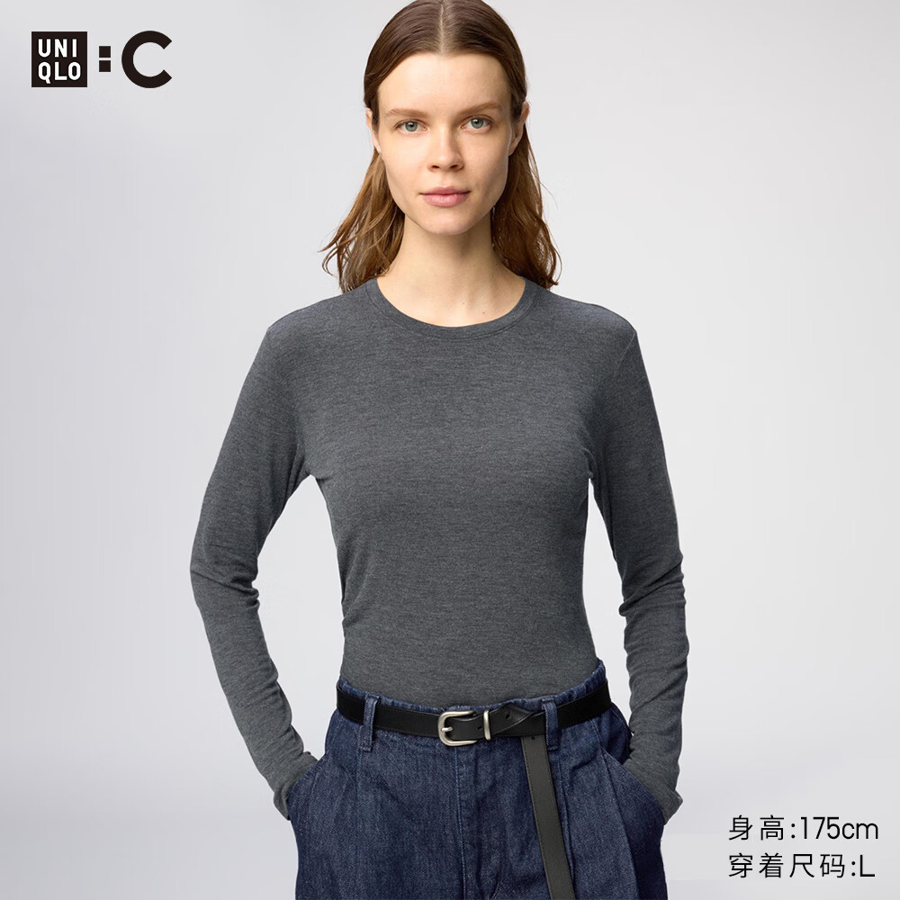 优衣库HEATTECH混纺圆领T恤/长袖女装合作款保暖内衣9%羊绒485826 07 青灰色 M