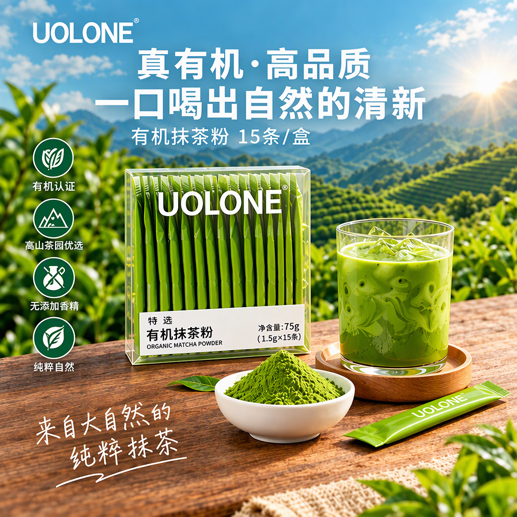 UOLONE有机抹茶粉0添加蔗糖碾茶烘焙拿铁咖啡奶茶健身冲饮粉 1.5g*15条