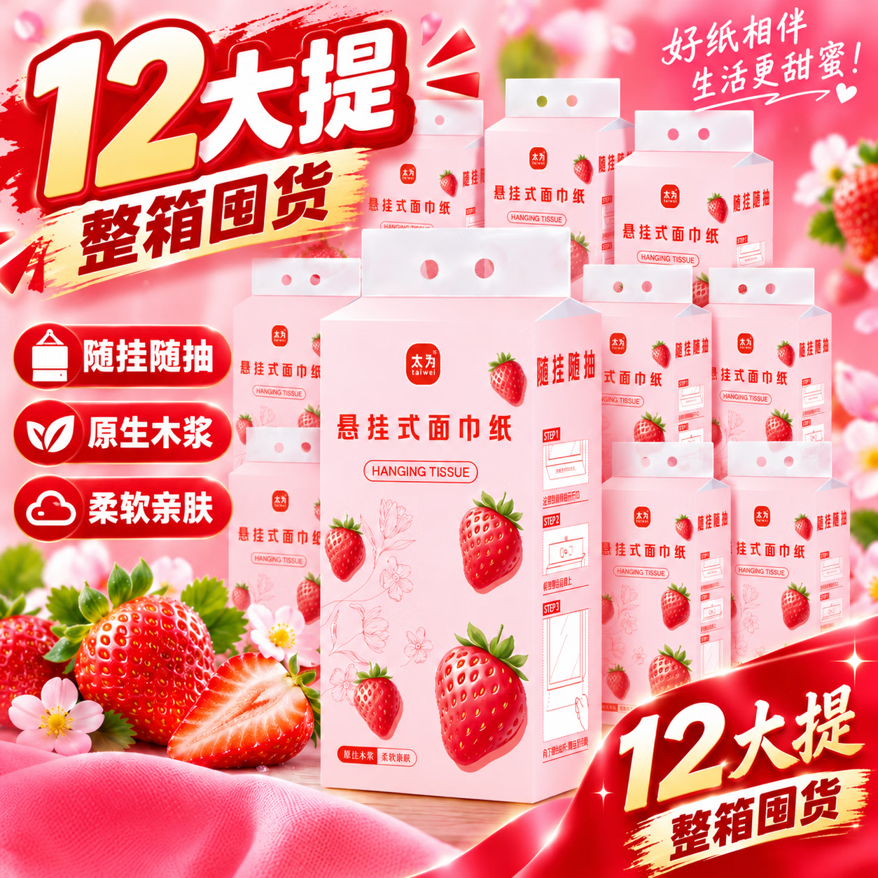 整箱12大提悬挂式抽纸6层加厚大包家用卫生纸擦手纸面巾纸抽纸巾 【可爱系列/粉色草莓】12提