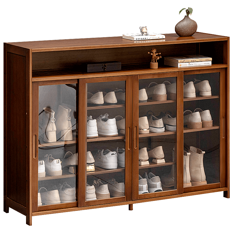 淘之良品 多层落地鞋柜大容量门口换鞋凳玄关柜鞋架入户超薄简易家用鞋盒收纳穿鞋凳隔断柜新中式阳台门厅柜 【双向移门】三门-茶色(透视防尘)