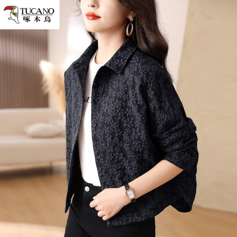啄木鸟(TUCANO)短外套女2025春秋韩版新款中年妈妈小个子休闲棒球服夹克开衫上衣 黑色 XL 120-135斤 京东折扣/优惠券