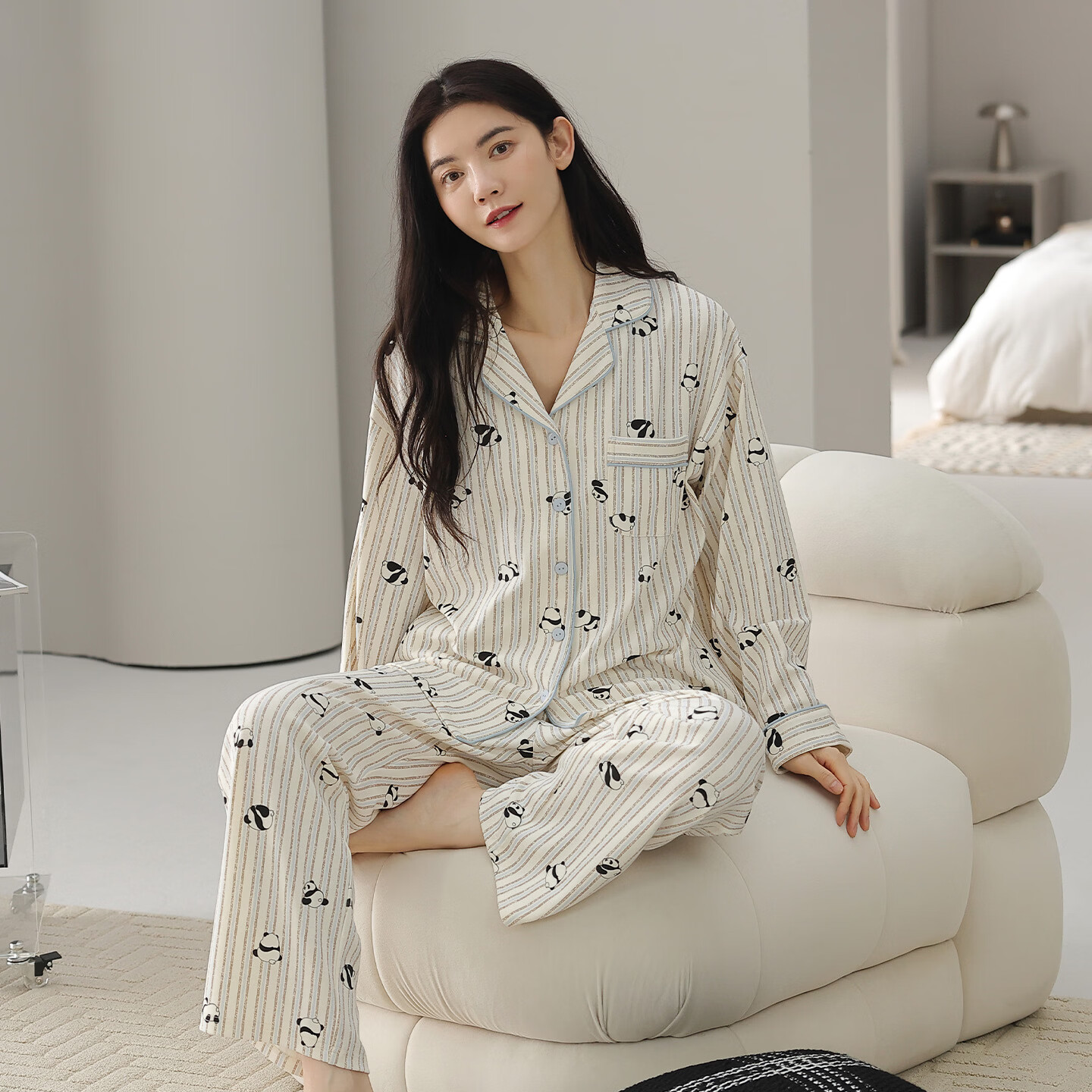 芬腾可安睡衣女新款长袖秋季开衫简约休闲可外穿家居服套装 浅灰 M