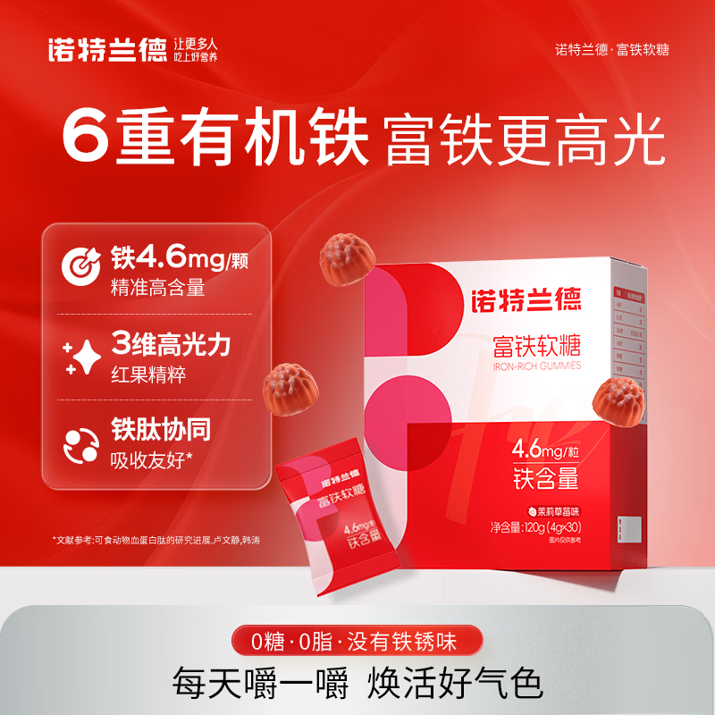 诺特兰德富铁软糖 女性孕期姨妈期可用 0糖0脂肪 成人气血铁元素营养软糖 【基础装】 30粒*3盒 清甜草莓味
