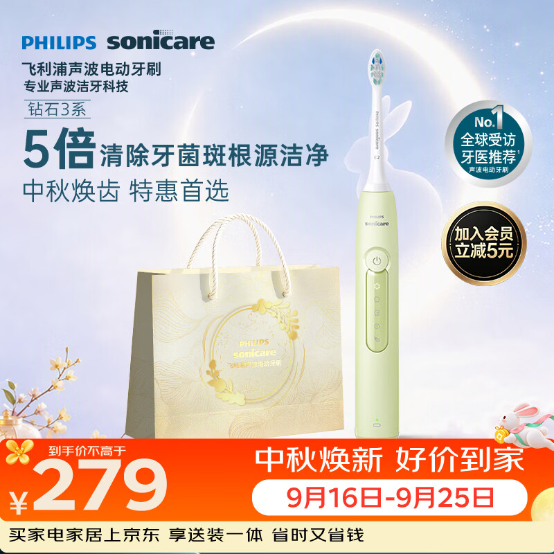 飞利浦（PHILIPS）【中秋礼品】声波电动牙刷钻石3系 5倍洁齿5种模式 洁净刷头*2 送男士/女友 HX5161/05抹茶绿