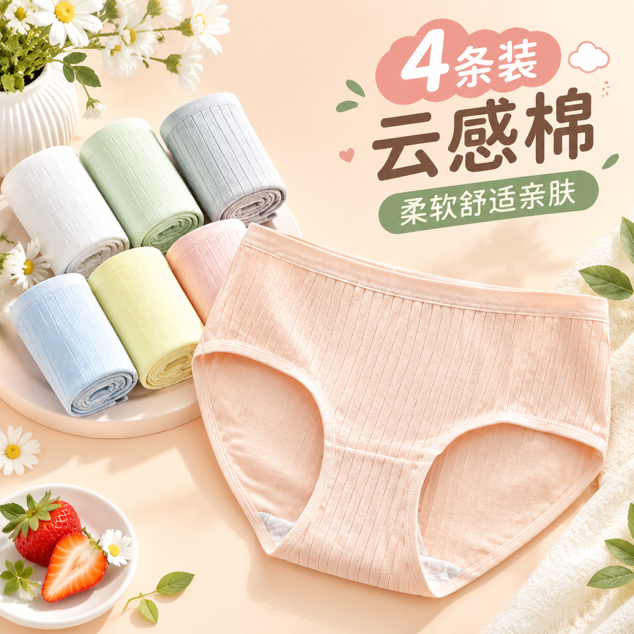 宜而爽女士内裤棉质纯色内裤女透气吸汗亲柔高弹舒适亲肤简约女士三角裤 绿色+粉色+蓝色+黄色 4条 L