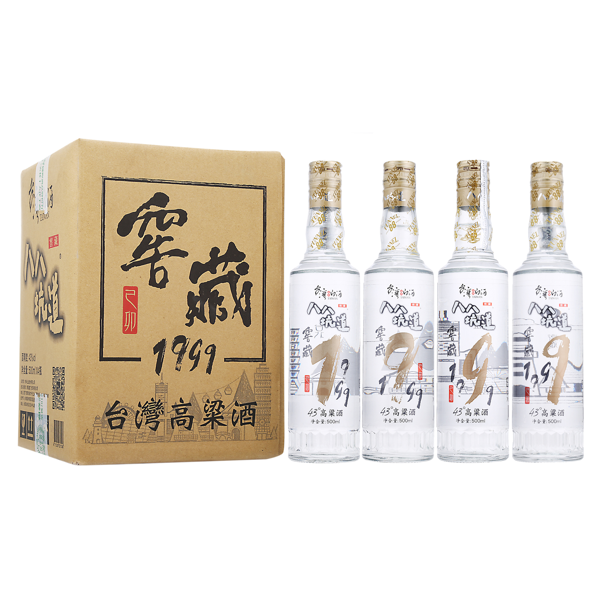中国台湾高粱酒 八八坑道 43度清香型白酒 窖藏1999 500ml*4瓶 整箱装