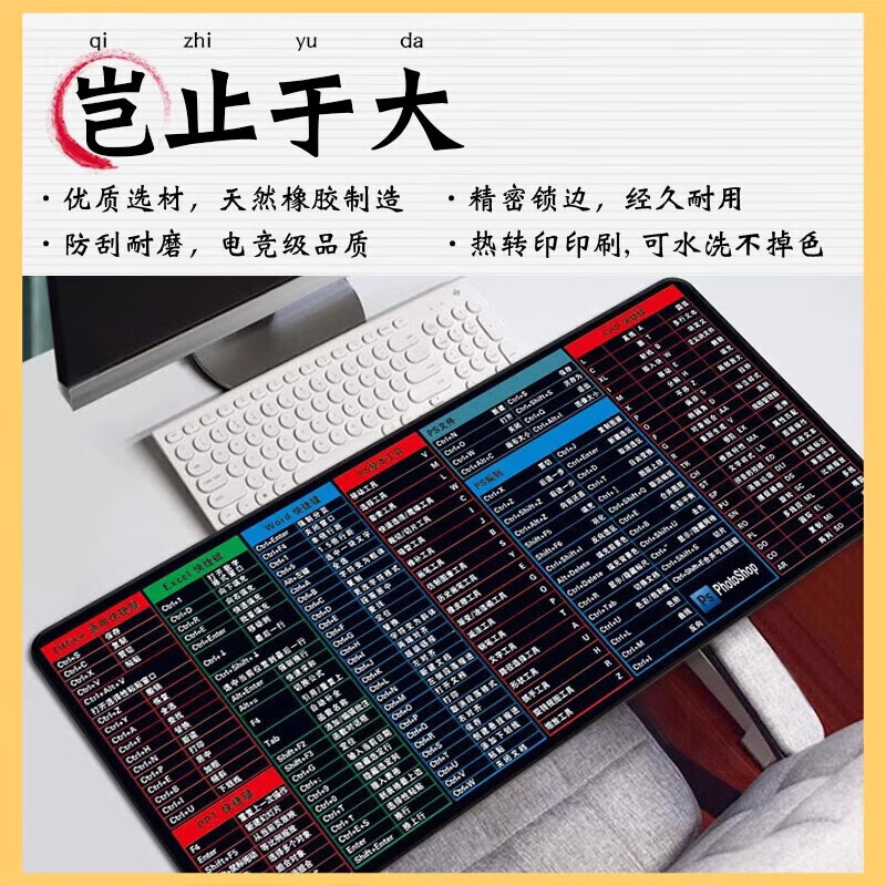 【厂家直供】大号鼠标垫防滑办公快捷键网吧电竞加厚柔软桌面垫PS快捷键电脑桌面键盘垫学生防水桌 彩色-办公快捷键 800*300mm 2mm厚