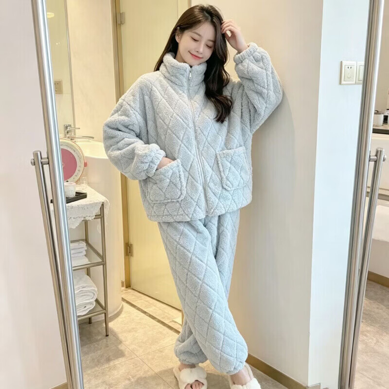 宝娜斯(BONAS)秋冬保暖珊瑚绒睡衣套装女加绒立领拉链双口袋居家服可外穿新款 蓝色(菱形格套装加厚款) L 特厚约1000g (建议80-120斤)