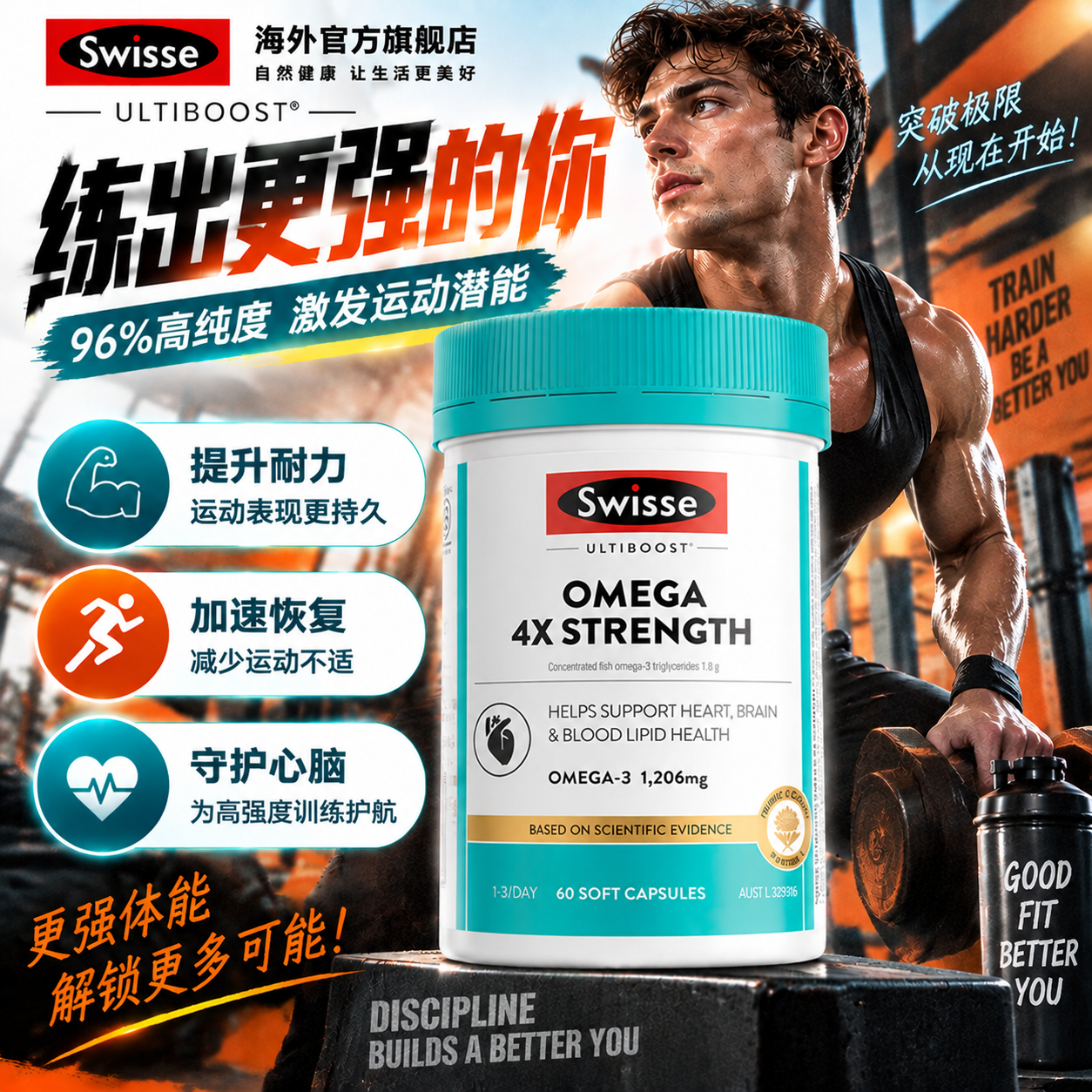 Swisse斯维诗健身减脂增肌无腥高浓度4倍深海鱼油omega-3缓解酸痛 60粒*2瓶